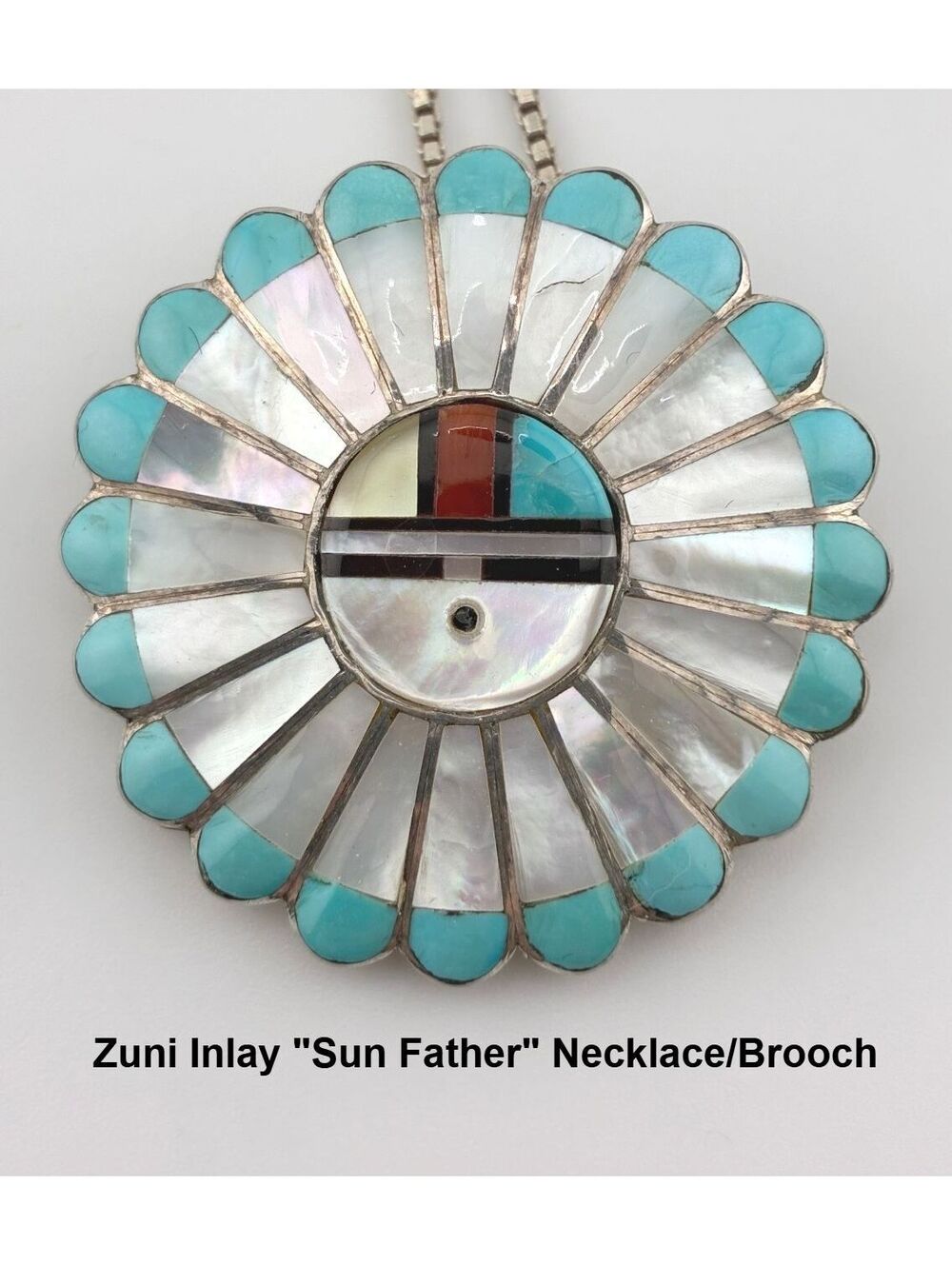 Verdel & Esther Niiha Zuni Inlay SunFace Sterling Necklace Brooch Turquoise MOP